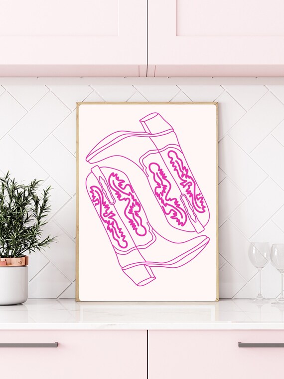 Bright Pink Neon Style Line Art Cowboy Boots Western Decor Poster