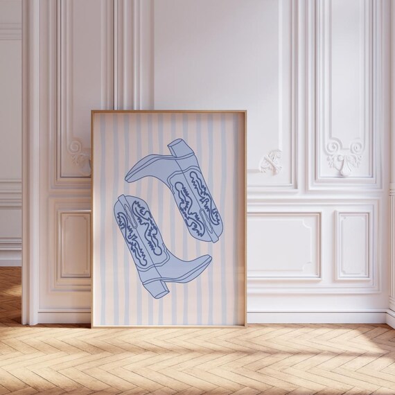 Blue Cowboy Boots Striped Background Preppy Dorm Wall Poster