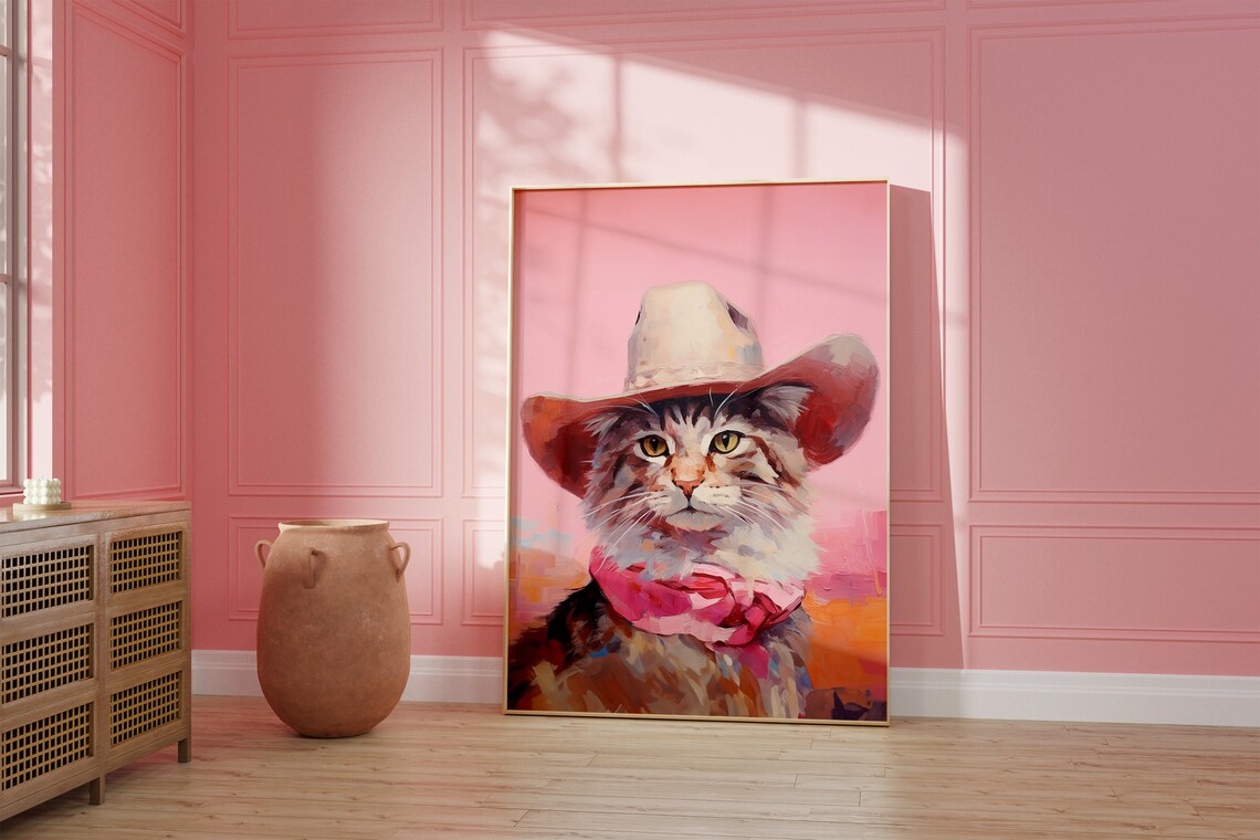 Cat Cowgirl Hat Pink Vintage Art Poster Print - Image 2