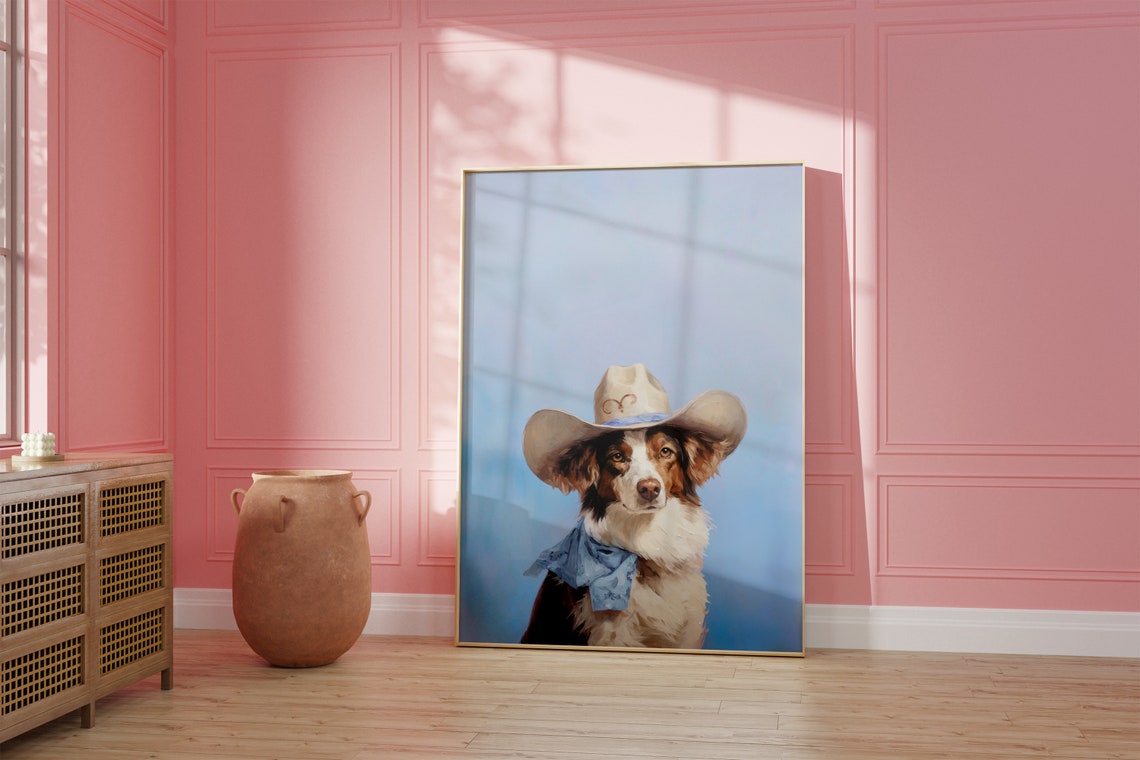Dog Cowgirl Hat Print Blue Aesthetic Vintage Art Western Girly Preppy Trendy Wall Art Puppy Print Cowgirl Hat Print Funky Western Art - Image 2