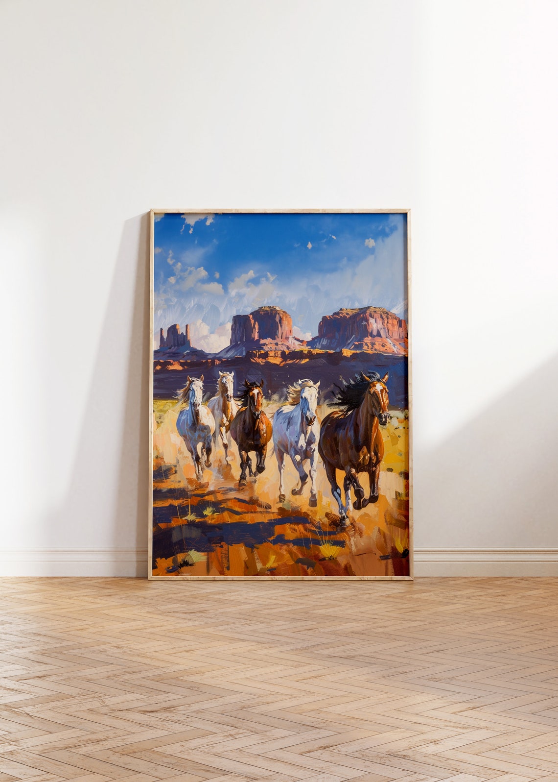 Galloping Horses Desert Mesas Western Wild Mustangs Painting Poster
