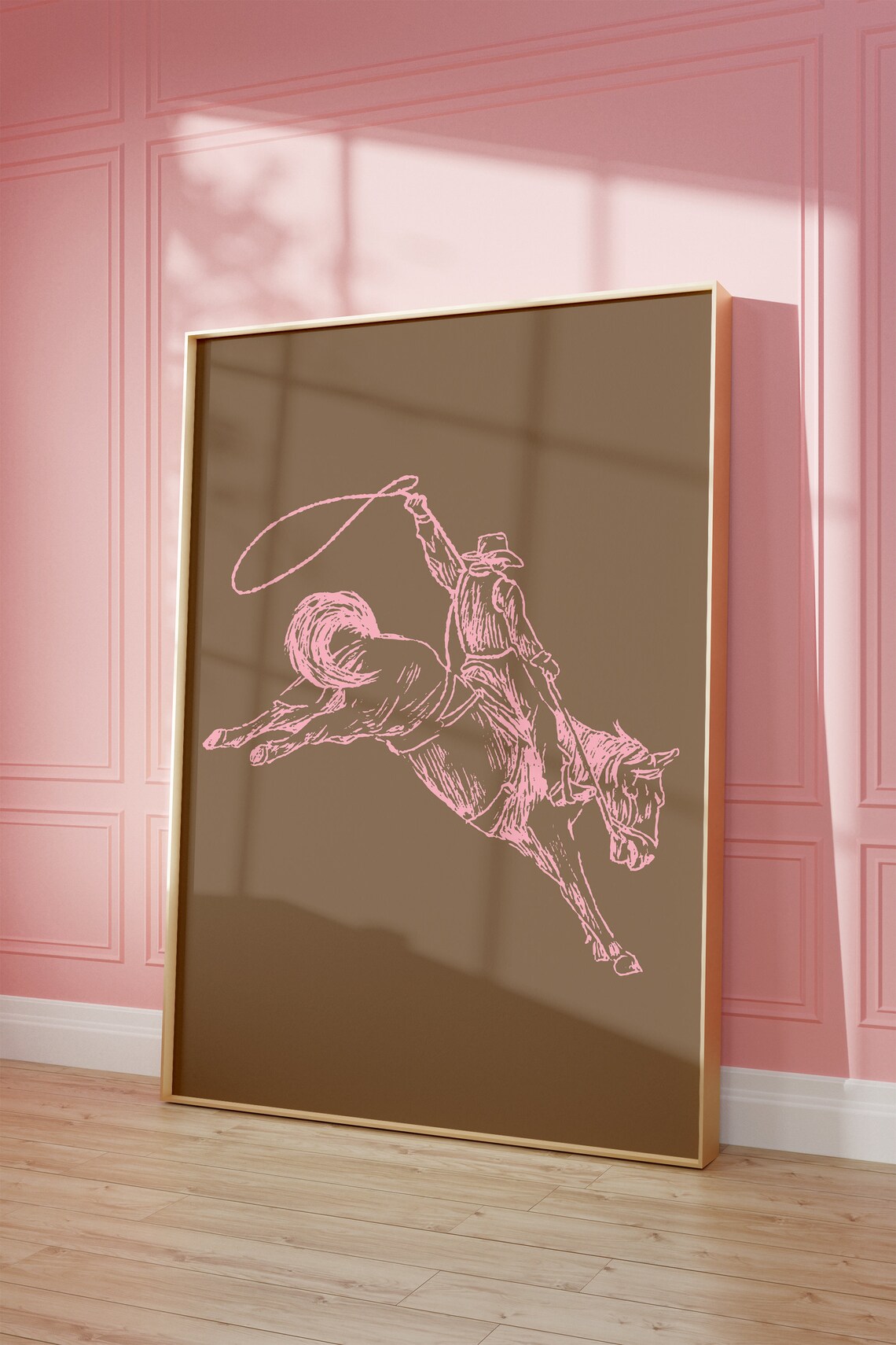 Pink Line Art Cowboy on Bucking Horse Western Rodeo Wall Poster
