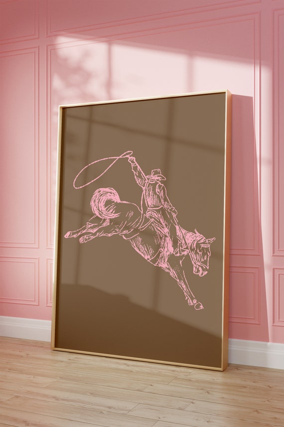 Vintage Cowboy Wall Art Western Wall Art Old West Poster Western Wall Art Bar Cart Dorm Retro Decor Wall Art Pink Illustration