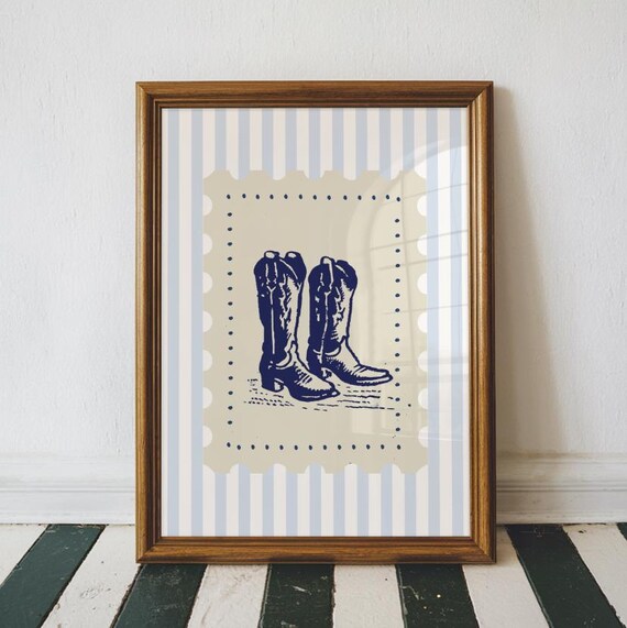 Vintage Navy Cowboy Boot Stamp Striped Nursery Western Poster