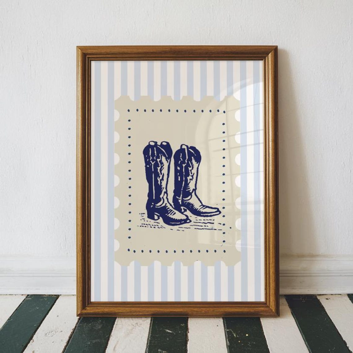 Vintage Navy Cowboy Boot Stamp Striped Nursery Western Poster