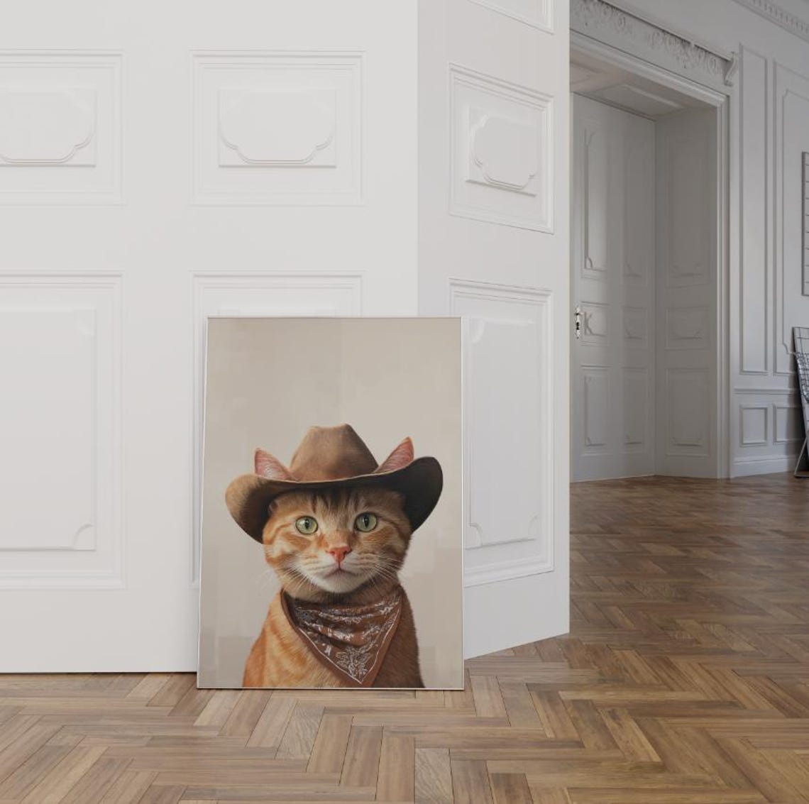 Orange Cat Cowgirl Hat Print Neutral Aesthetic Print Vintage Art Western Trendy Wall Art Cowgirl Hat Print Funky Western Art