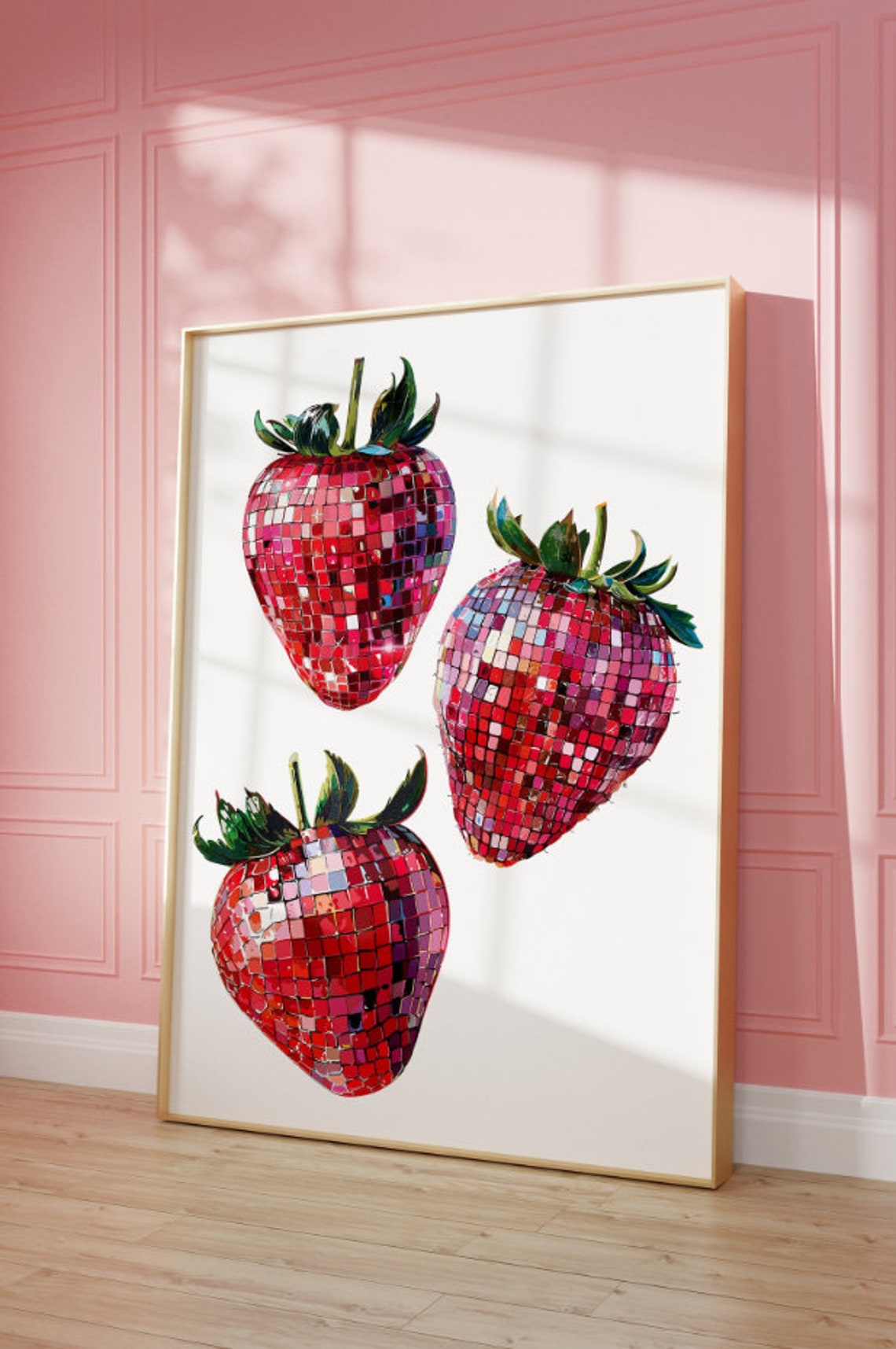 Three Retro Disco Ball Strawberries on a White Pop Art Poster - Image 2