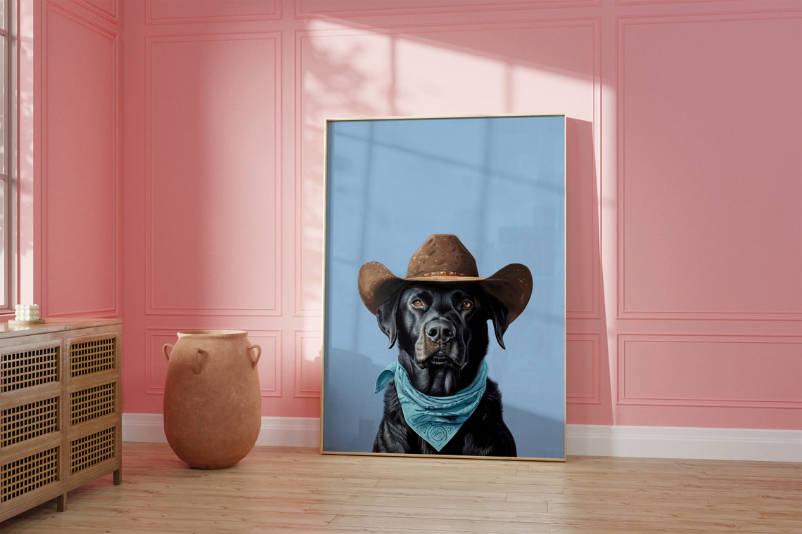 Dog Cowgirl Hat Print Pink Print Vintage Art Western Girly Preppy Trendy Wall Art Puppy Print Cowgirl Hat Print Funky Western Art