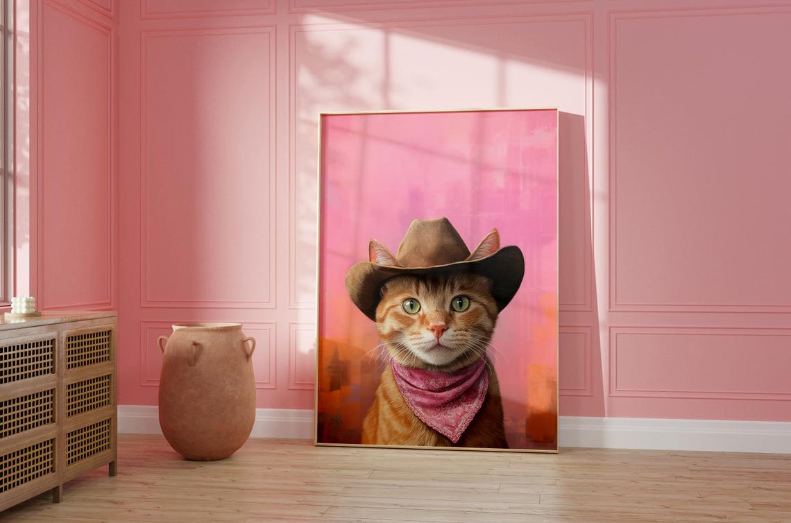Orange Cat Cowgirl Hat Print Pink Print Vintage Art Western Girly Preppy Trendy Wall Art Tabby Cat Cowgirl Hat Print Funky Western Art