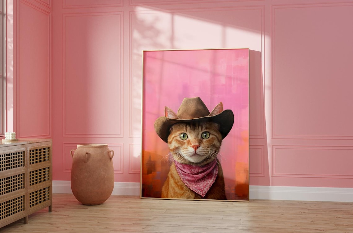 Orange Tabby Cat Cowboy Hat Portrait with Pink Bandana Poster