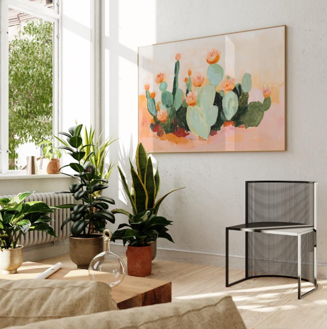 Desert Cactus Watercolor Painting Peach Botanical Pink Decor Poster