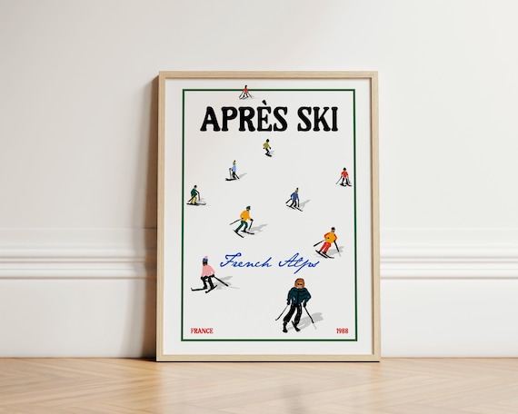 Apres Ski French Alps 1988 Vintage Skiers Illustration Wall Poster