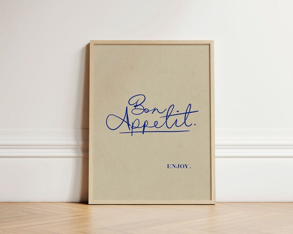 Bon Appetit French Blue Script Retro Kitchen Typography Enjoy Poster