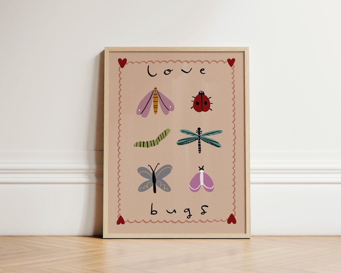 Love Bugs Cute Illustrated Insects Kids Nursery Decor Poster