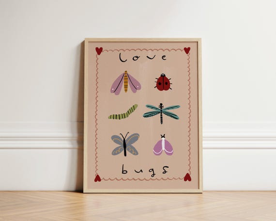 Love Bugs Print Eclectic Illustration Art Bedroom Animal Nursery Wall Kids Room Unframed