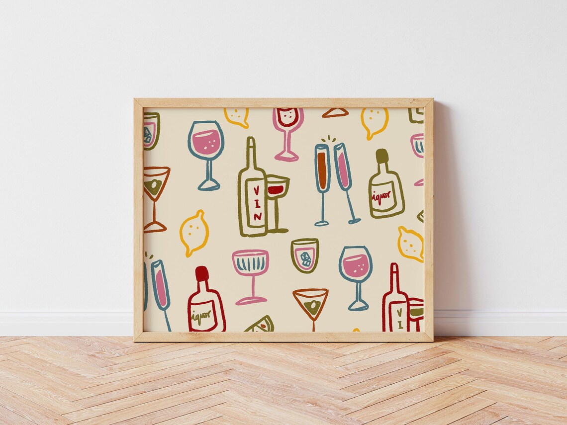 Drink Glasses Retro Wine Kitchen Art Print