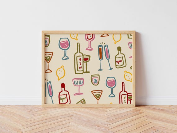 Drink Glasses Retro Wine Kitchen Art Print