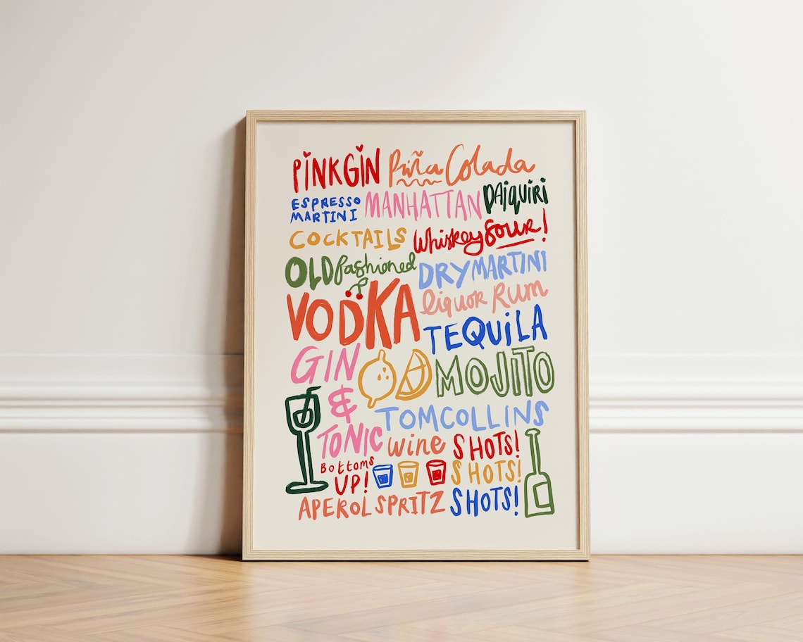 Cocktail Drinks Bar Print, Kitchen Home Decor