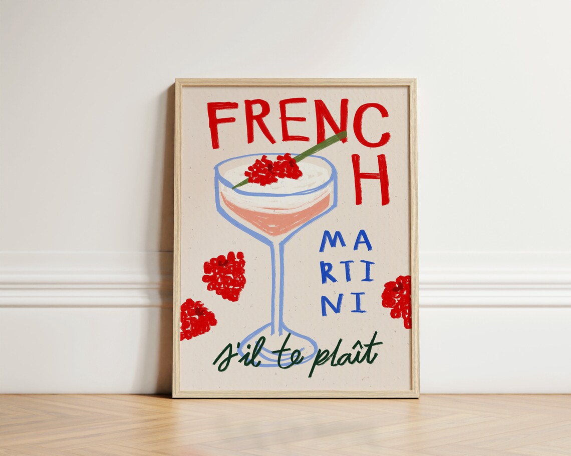 French Martini Sil Te Plait Playful Pink Cocktail Doodle Bar Cart Print