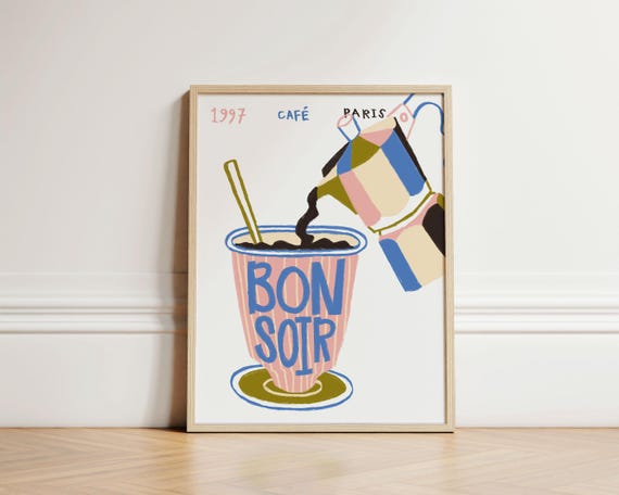Bonsoir Coffee Print Poster Kitchen Wall Art Decor Apartment French Unframed