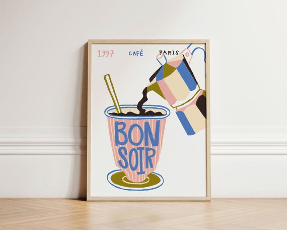 Bonsoir Paris Cafe 1997 Moka Pot Coffee Retro French Kitchen Poster