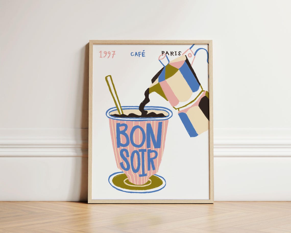 Bonsoir Paris Cafe 1997 Moka Pot Coffee Retro French Kitchen Poster
