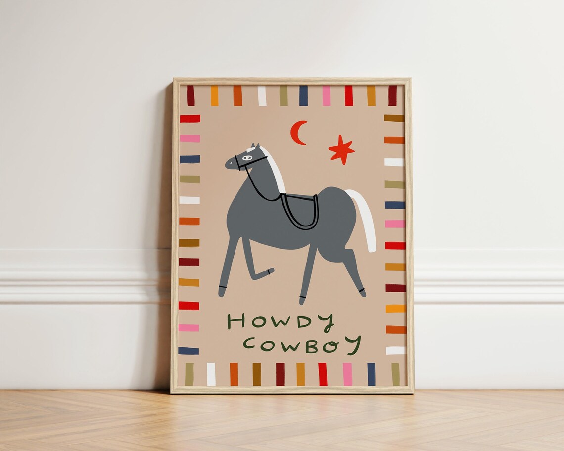 Howdy Cowboy Horse Colorful Cute Western Kids Nursery Poster