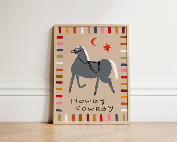 Howdy Cowboy Print Nursery Bedroom Art Illustration Wall Eclectic Kids Room Play Unframed