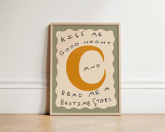 Bedtime Story Print Kiss Good Night Nursery Illustration Wall Art Eclectic Kids Room Unframed