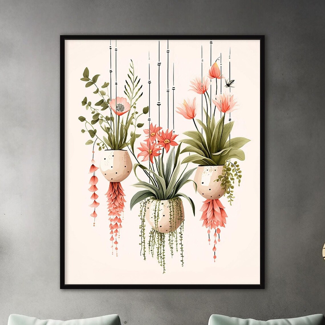 Hanging Pots Boho Botanical Art Print, Home Office Decor