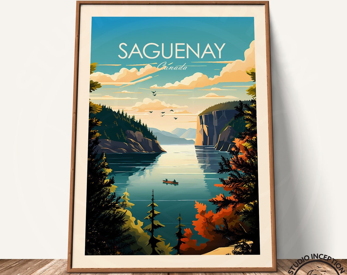 Saguenay Fjord Canada Canoe Cliff Autumn Wilderness Travel Poster - Image 3