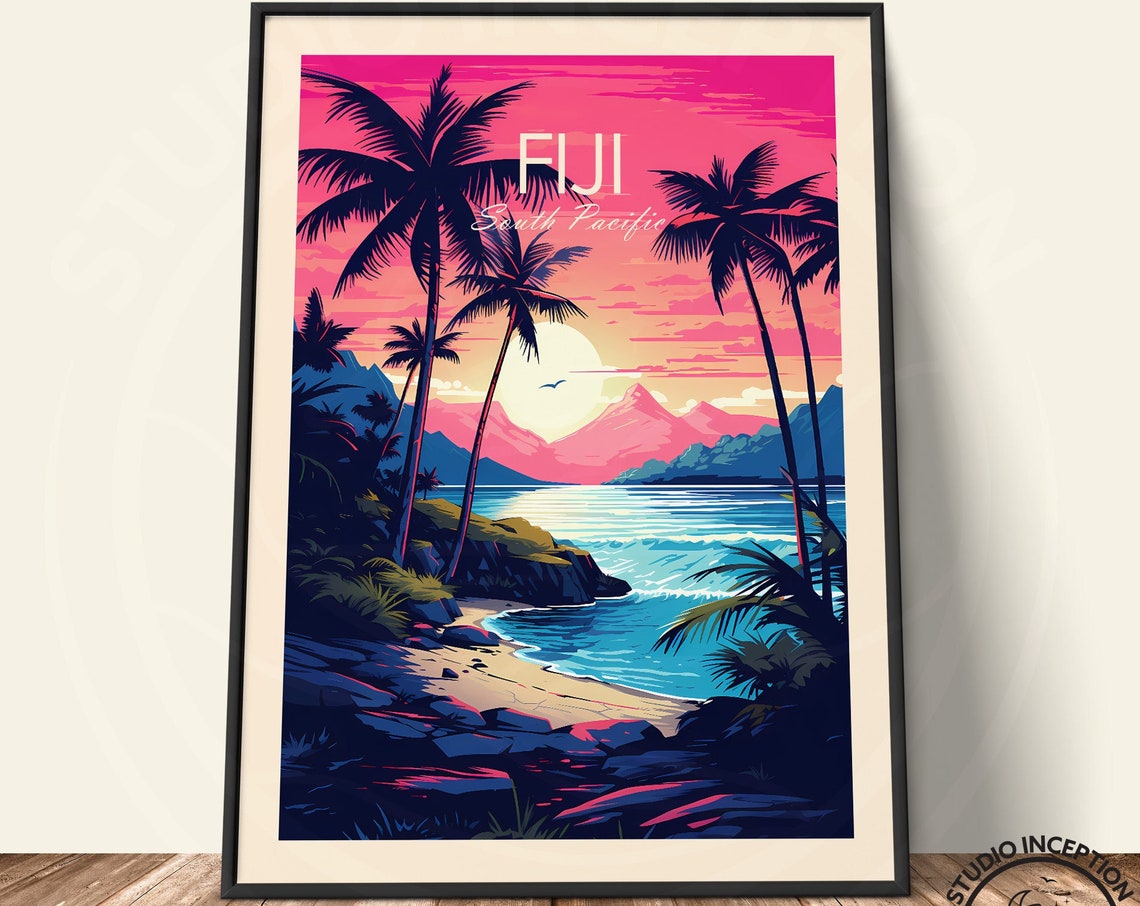 Fiji South Pacific Sunset Palm Trees Tropical Beach Art Poster - Image 3