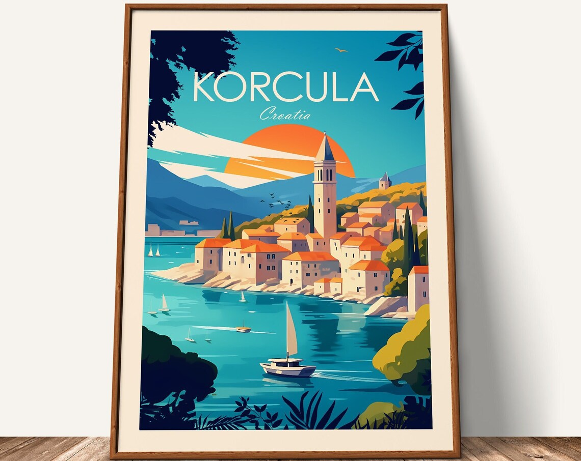 Korcula Croatia Adriatic Old Town Sailboat Sunset Travel Poster - Image 3