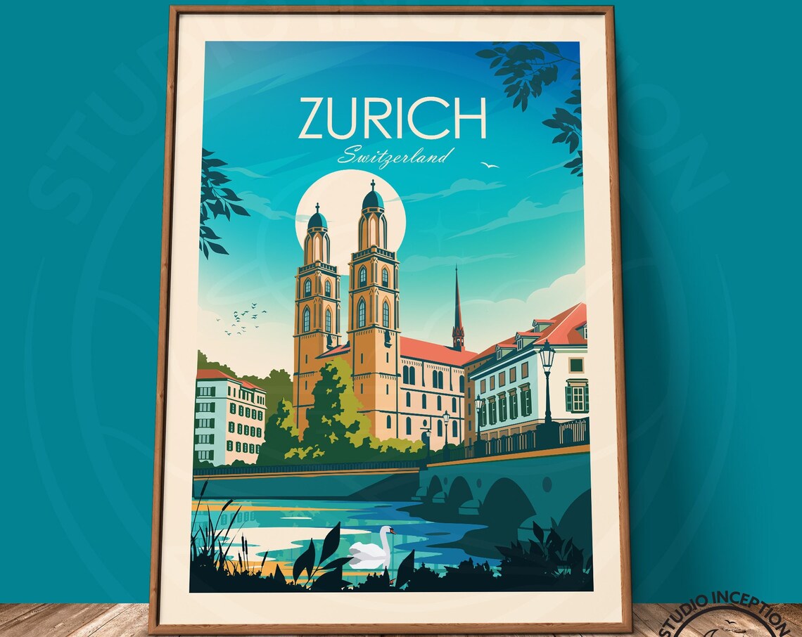 Zurich Traditional Travel Poster, Switzerland Cityscape - Image 2