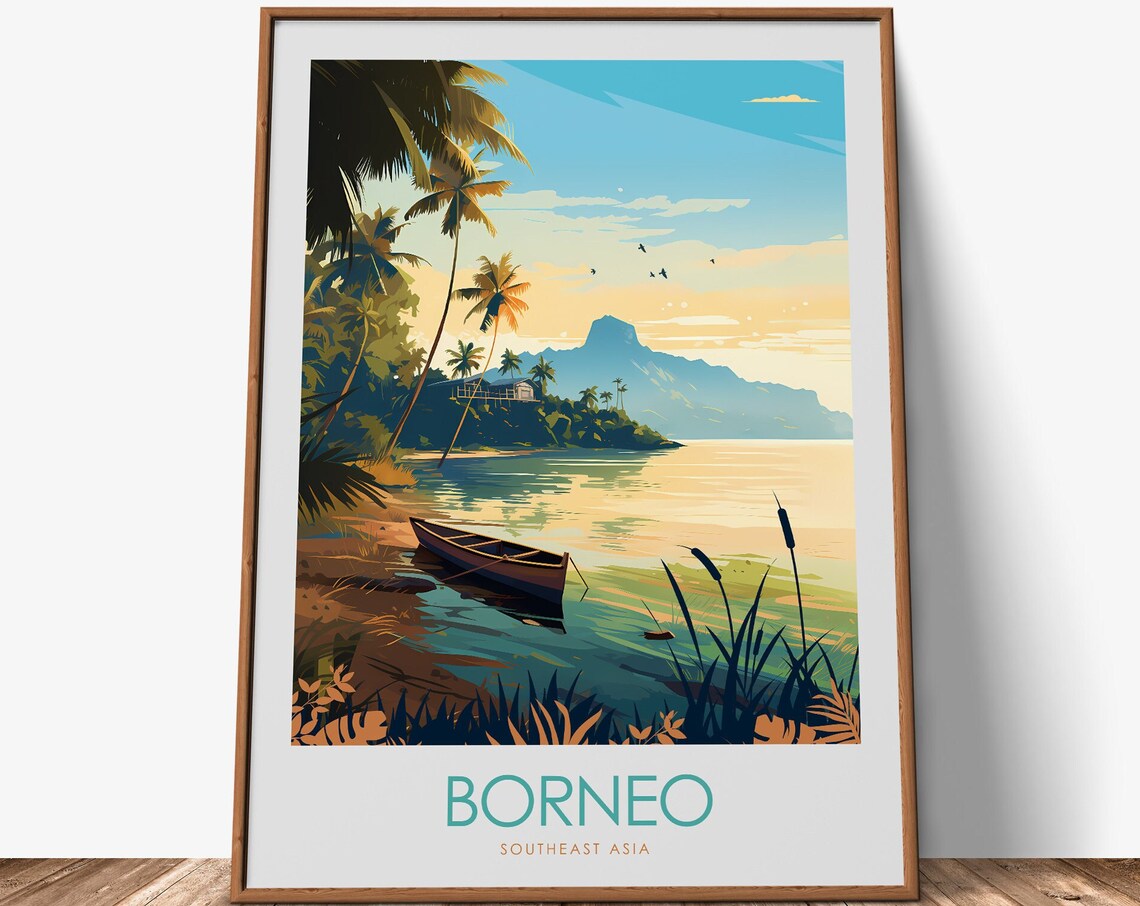 Borneo Southeast Asia Tropical Beach Canoe Vintage Travel Poster - Image 4