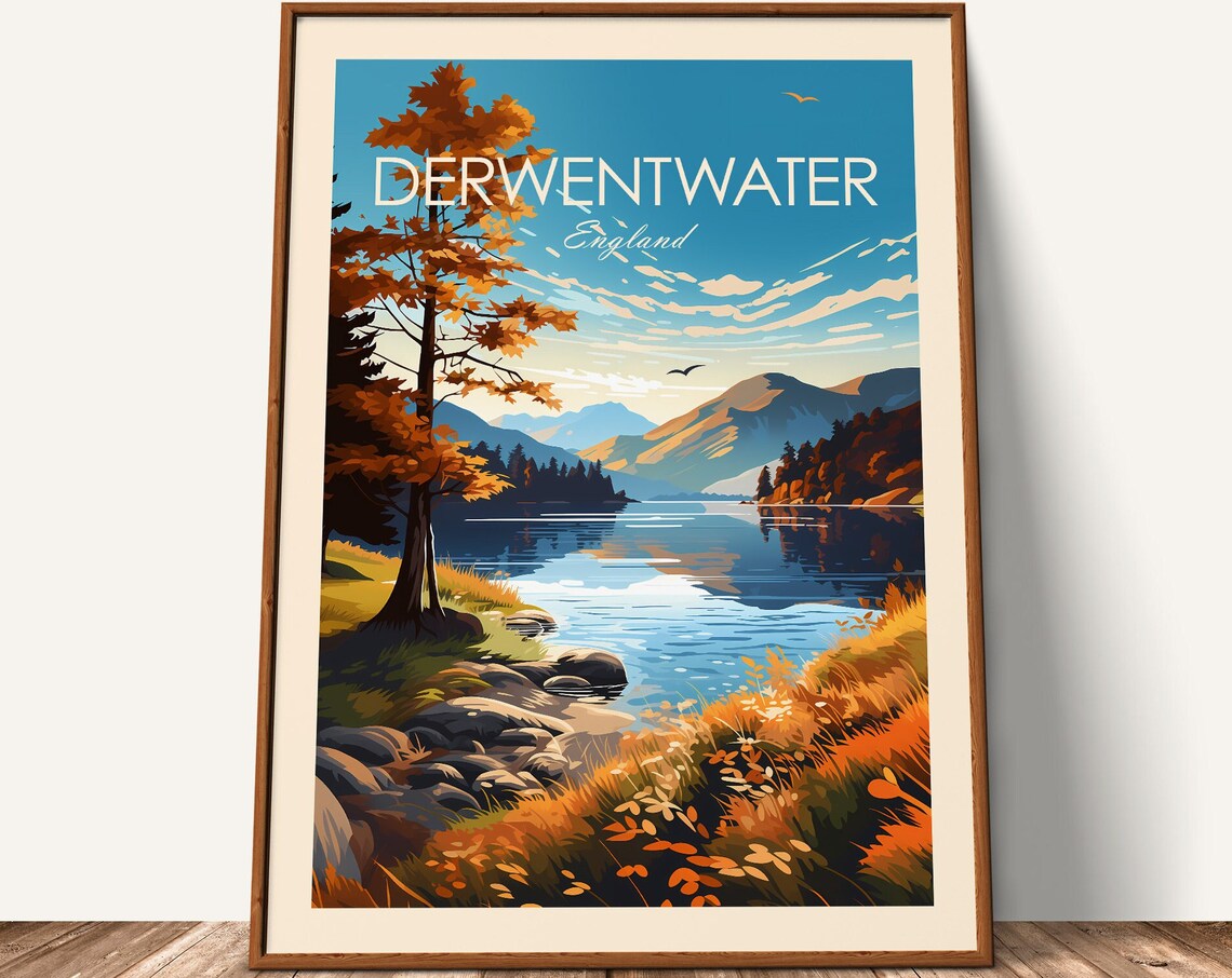 Derwentwater England Autumn Lakeshore Trees and Hills Travel Poster - Image 3