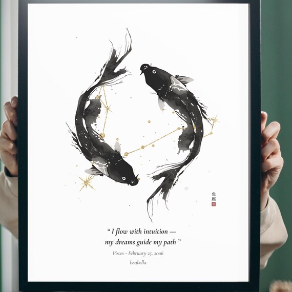 Custom Pisces Zodiac Art Sumi Ink Constellation Print