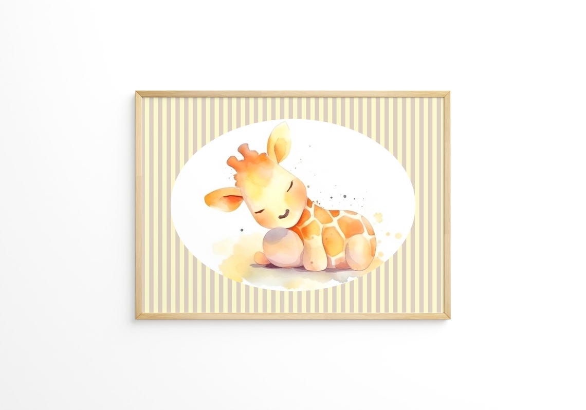 Sleeping Baby Giraffe Curled Up Sweet Nursery Striped Wall Art