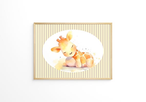 Sleeping Baby Giraffe Wall Art Watercolor Safari Animal Nursery Gender Neutral Kids Room Shower Gift