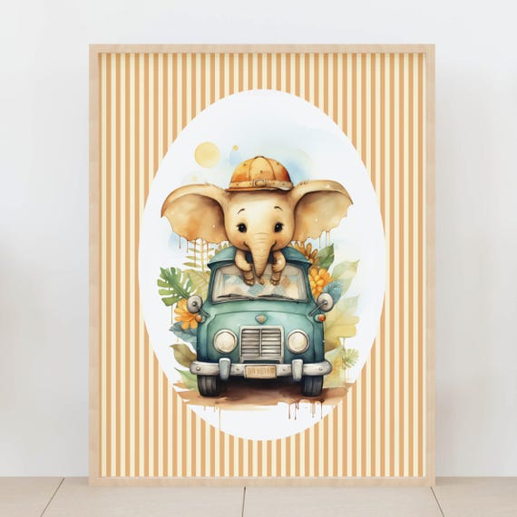 Kids Room Baby Elephant On Car Safari Nursery Wall Art Yellow Stripes Theme Decor Whimsical Animal Poster