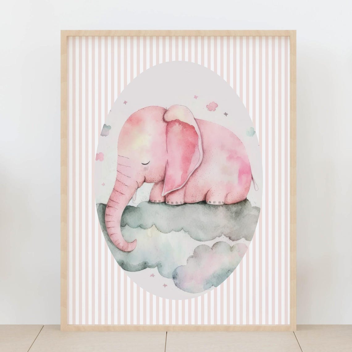 Sleeping Pink Baby Elephant on Clouds Watercolor Nursery Wall Art