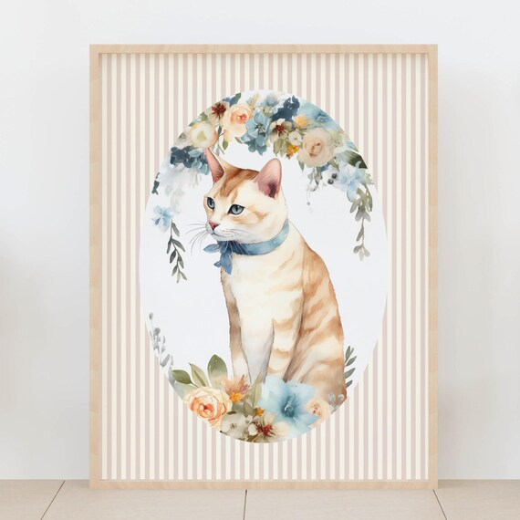 Ginger Cat With Floral Wreath Watercolor Cute Nursery Animal Poster