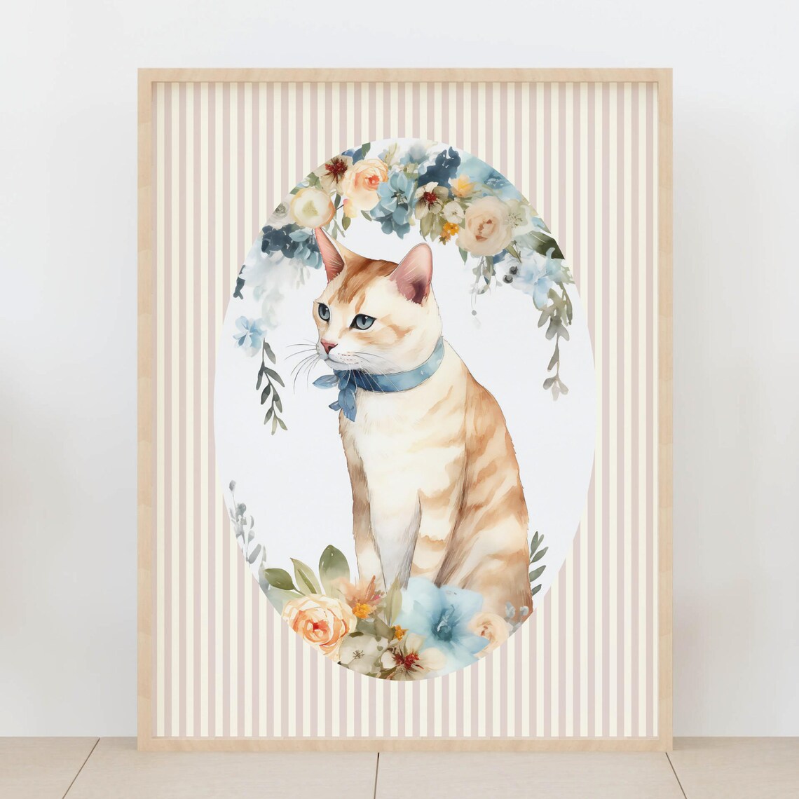 Ginger Cat With Floral Wreath Watercolor Cute Nursery Animal Poster