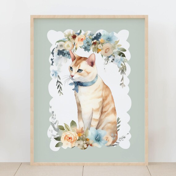 Watercolor Cat Wall Art Orange Tabby With Blue Floral Frame Pet Portrait Nursery Animal Print Lover Home Decor