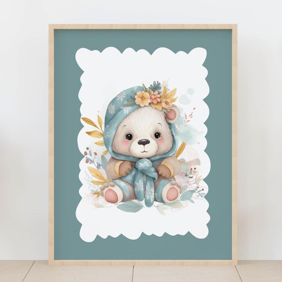 Teddy Bear Floral Bonnet Watercolor Sweet Baby Girl Nursery Poster