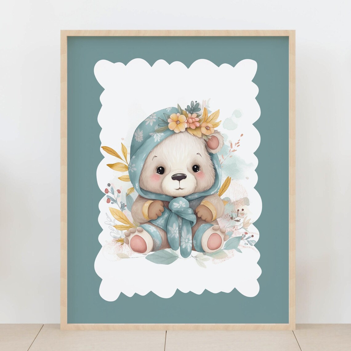 Teddy Bear Floral Bonnet Watercolor Sweet Baby Girl Nursery Poster