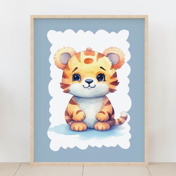 Baby Tiger Watercolor Soft Blue Background Nursery Safari Poster