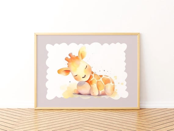 Sleeping Baby Giraffe Wall Art Safari Nursery Watercolor Jungle Animal Gender Neutral Kids Room Decor