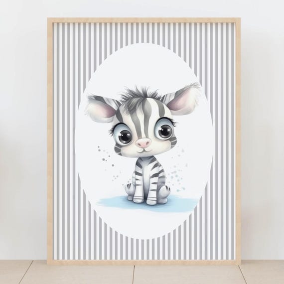 Baby Zebra Wall Art Striped Safari Nursery Decor Cute Animal Kids Room Print Jungle Theme Playroom Artwork