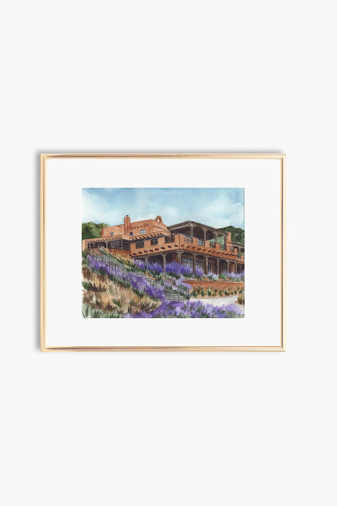 Santa Fe Bishops Lodge Adobe Watercolor Lavender Field Art Poster